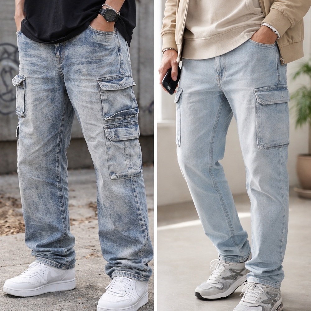 Fashion Nova Men's Relaxed Cargo Jeans in Light Blue